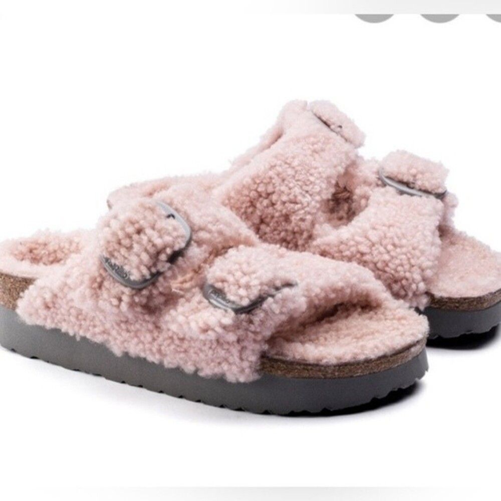 Birkenstock Papillio Baby Pink Gray Buckle Shearling Platform Sandal Size 36 New - Picture 2 of 6